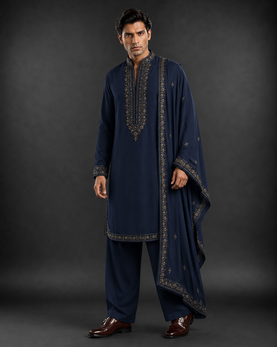 Navy Blue Embroidered Men's Kurta for Wedding, Festive & Ethnic Wear