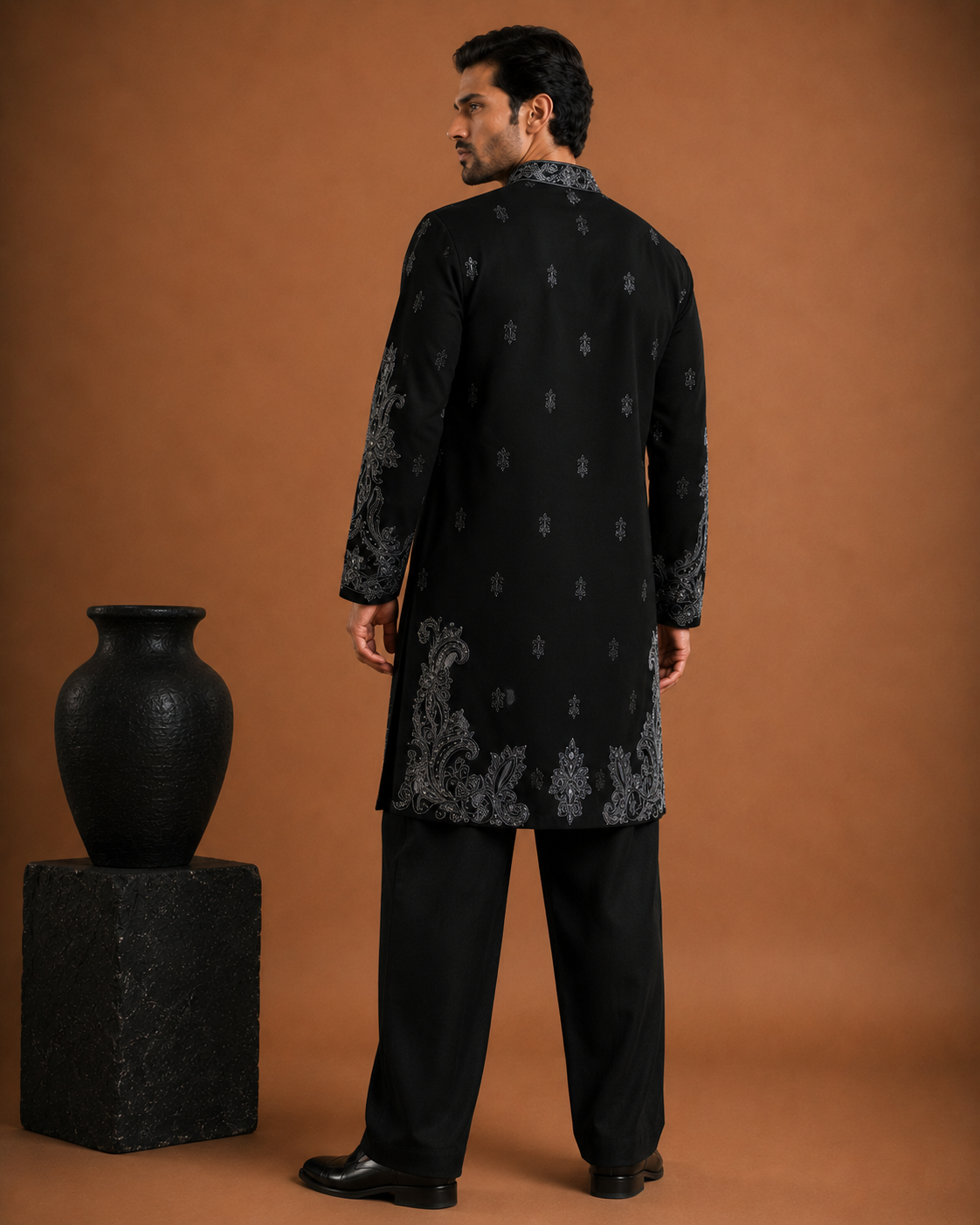Black Charcoal Embroidered Kurta for Men | Festive & Wedding Party Wear