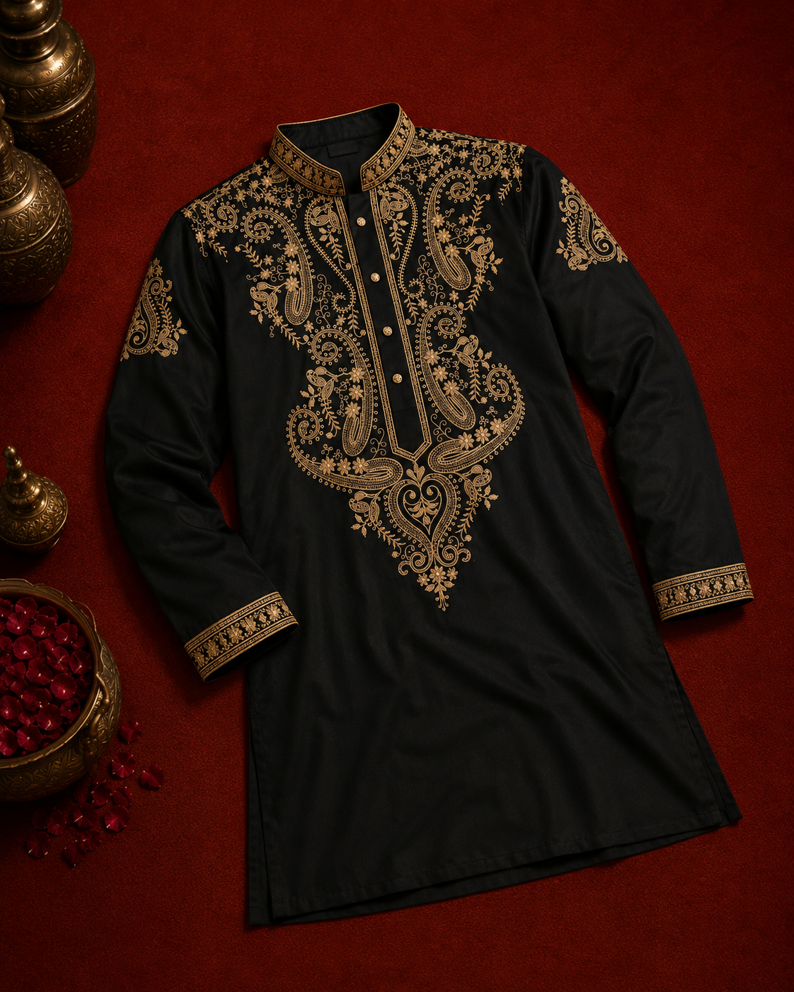 Black Gold Paisley Embroidered Buttoned Kurta for Men | Festive & Wedding Wear