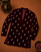 Luxury Maroon Velvet Kurta Pajama Set for Men with Gold Embroidery Festive Wedding Wear