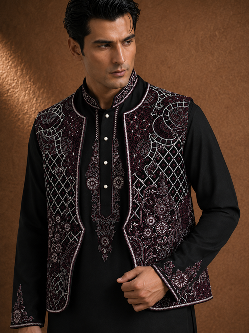 Black Embroidered Men's Kurta with Designer Jacket | Premium Festive & Wedding Ethnic Wear