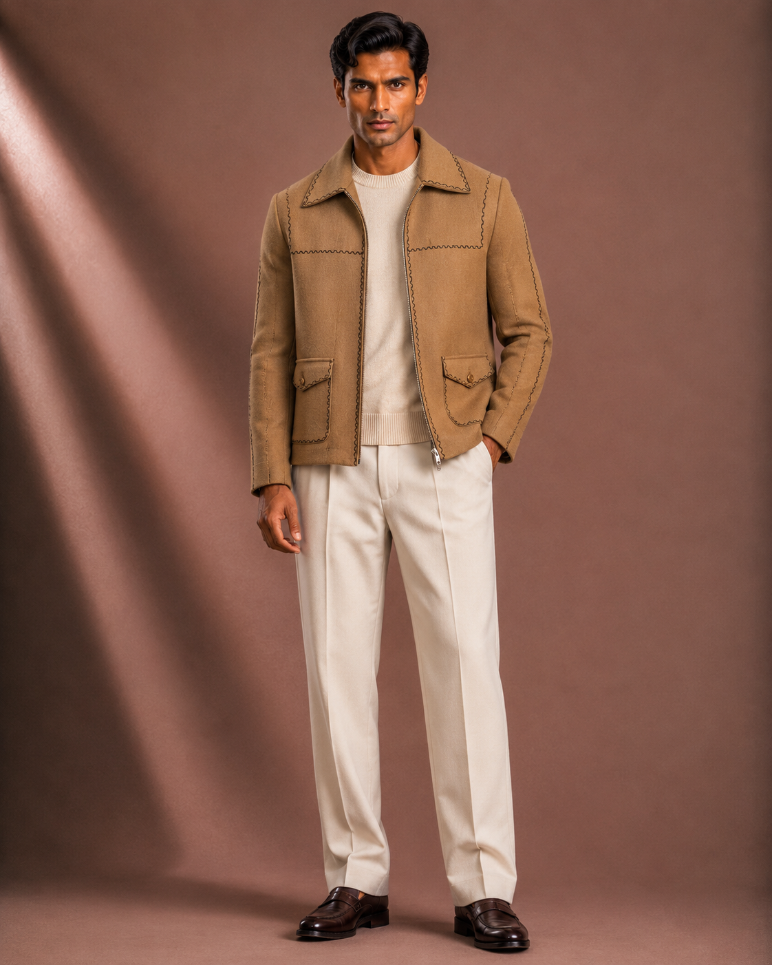 Men's Premium Camel Brown Bomber Jacket | Regular Fit Zip-Up Casual Jacket