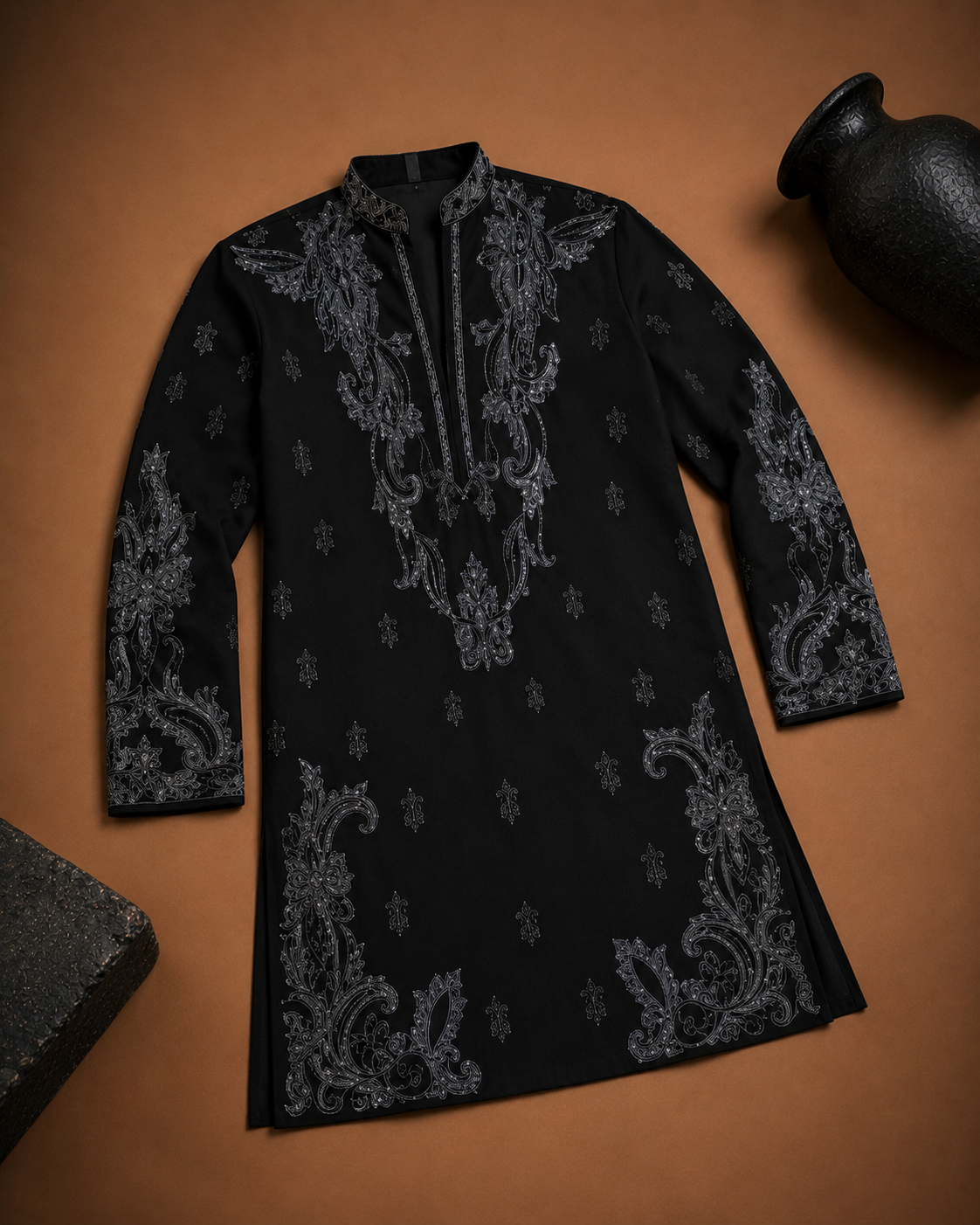 Black Charcoal Embroidered Kurta for Men | Festive & Wedding Party Wear