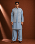 Men's Sky Blue Embroidered Kurta with Mirror Work Jacket