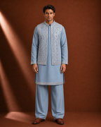 Men's Sky Blue Embroidered Kurta with Mirror Work Jacket