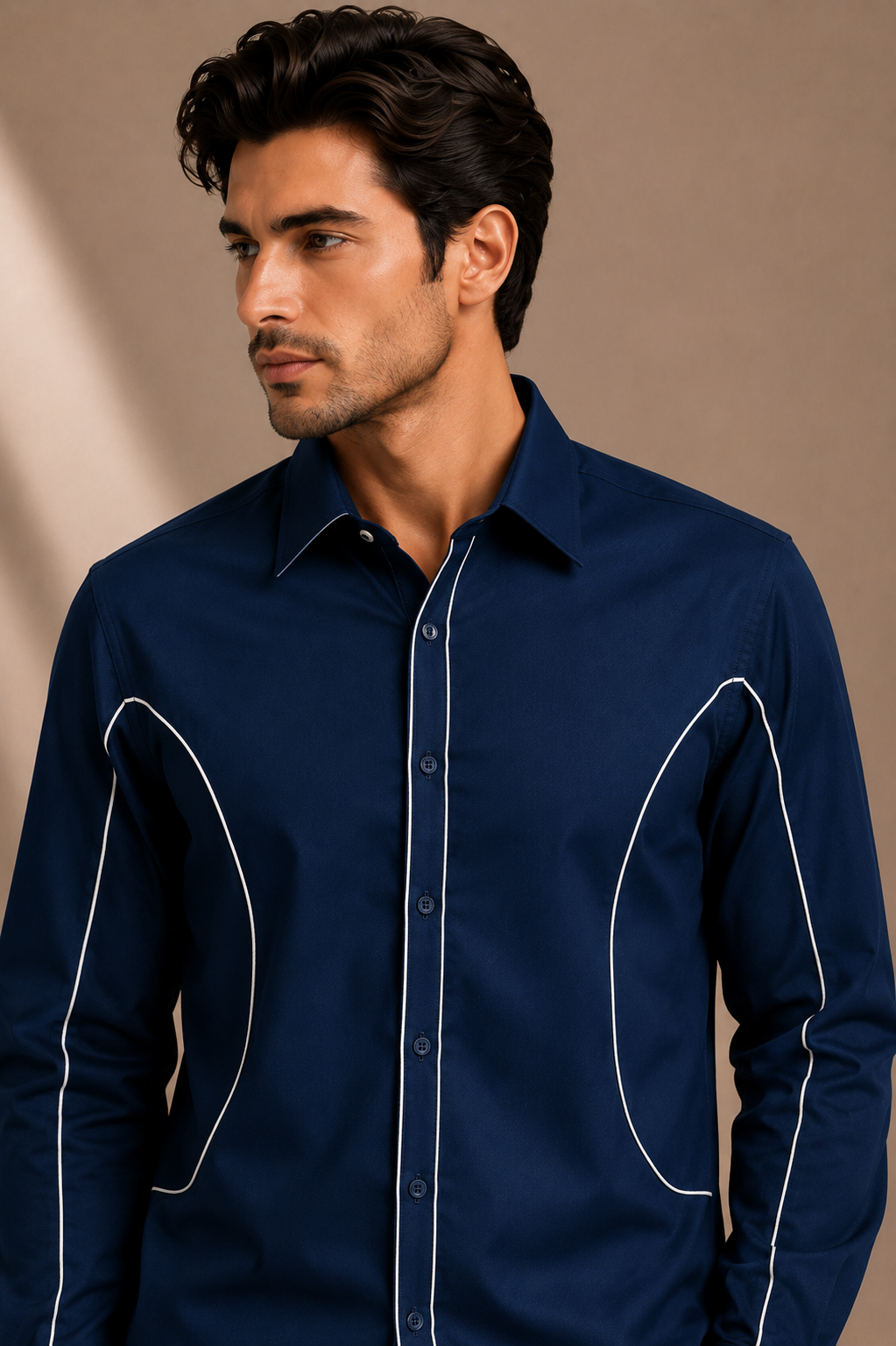 Men's Premium Navy Blue Contrast Piping Casual Shirt | Regular Fit Full Sleeve Shirt