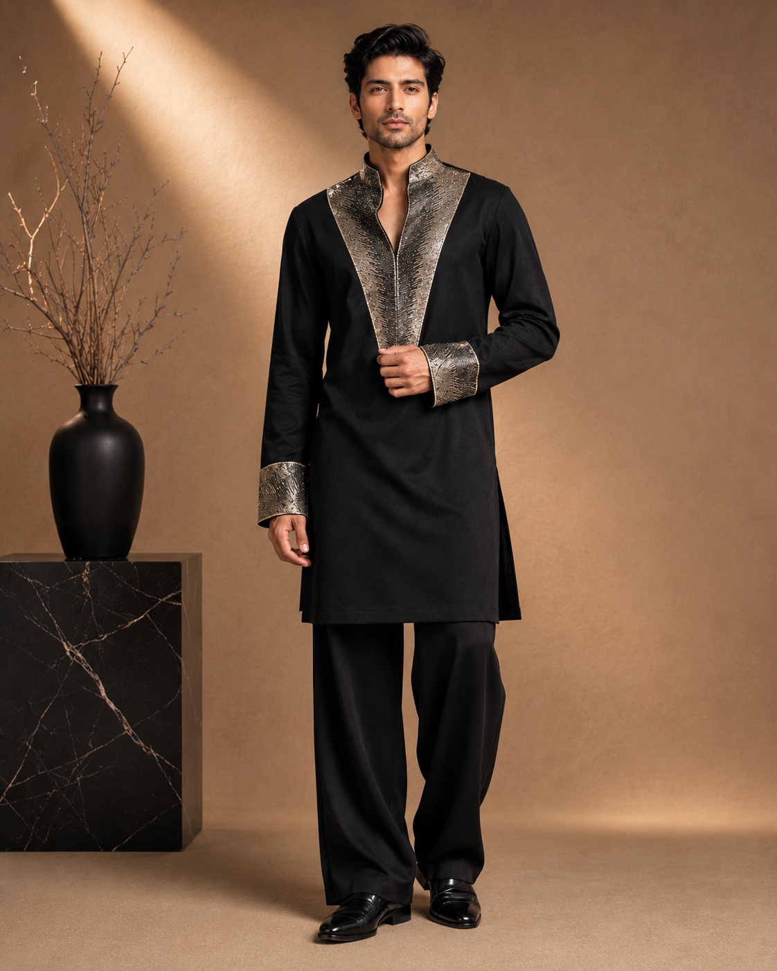 Black Metallic Lapel Embroidered Kurta for Men | Contemporary Festive & Cocktail Wear