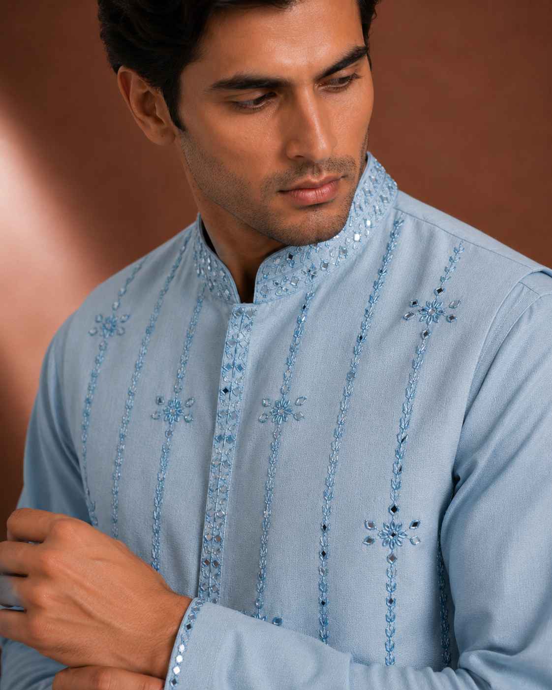 Men's Sky Blue Embroidered Kurta with Nehru Jacket | Premium Ethnic Wear for Wedding & Festive Occasions