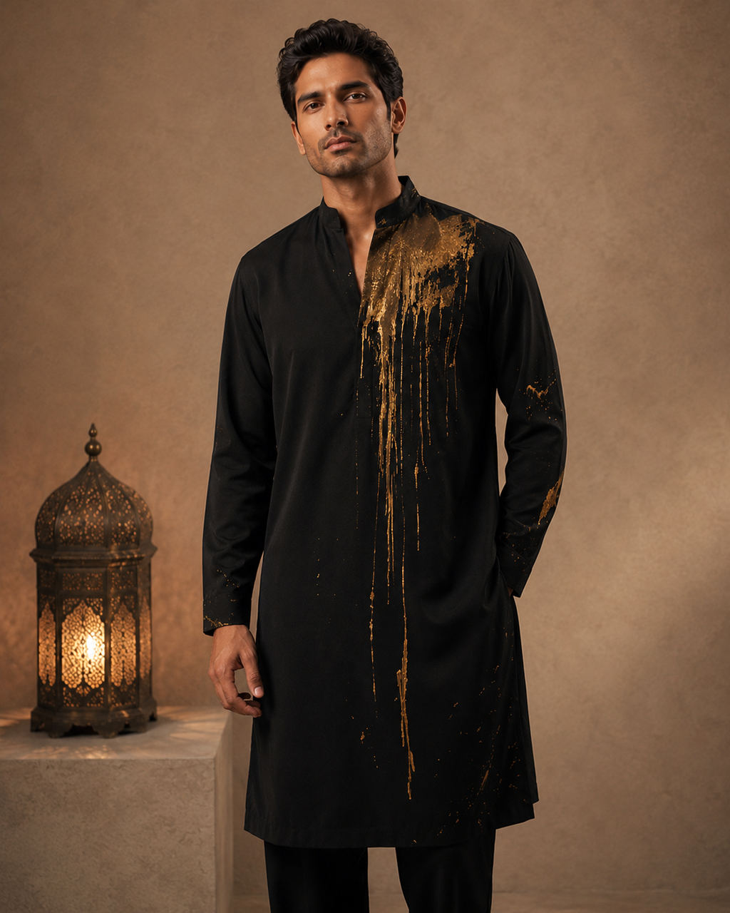 Black Metallic Gold Splash Embroidered Kurta for Men | Contemporary Festive & Party Wear