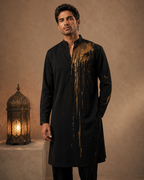 Black Metallic Gold Splash Embroidered Kurta for Men | Contemporary Festive & Party Wear