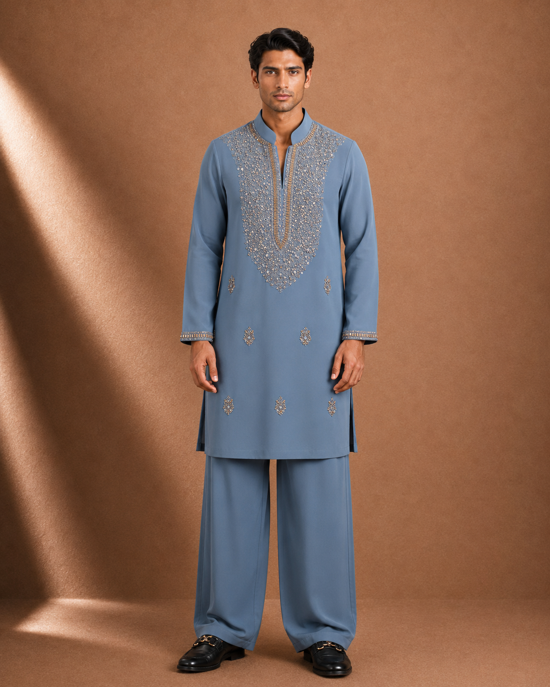 Men's Steel Blue Embellished Kurta | Premium Ethnic Wear for Festive & Wedding Occasions