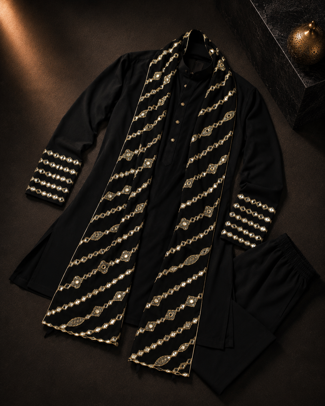 Men’s Black Embroidered Kurta with Designer Stole | Festive & Wedding Wear