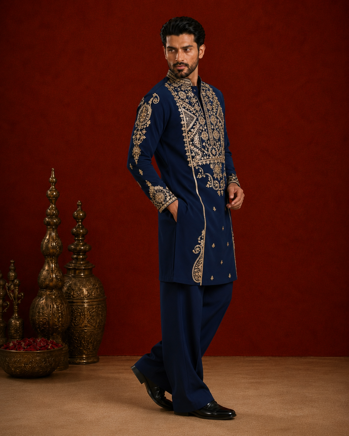 Navy Blue Heavy Gold Embroidered Kurta for Men | Festive & Wedding Party Wear
