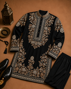 Black Heavy Kashmiri Embroidered Buttoned Kurta for Men | Wedding & Festive Wear