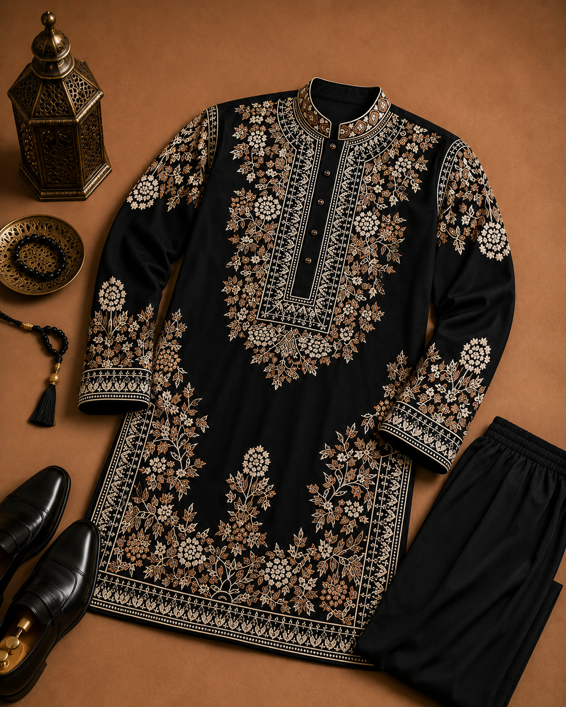 Black Heavy Kashmiri Embroidered Buttoned Kurta for Men | Wedding & Festive Wear
