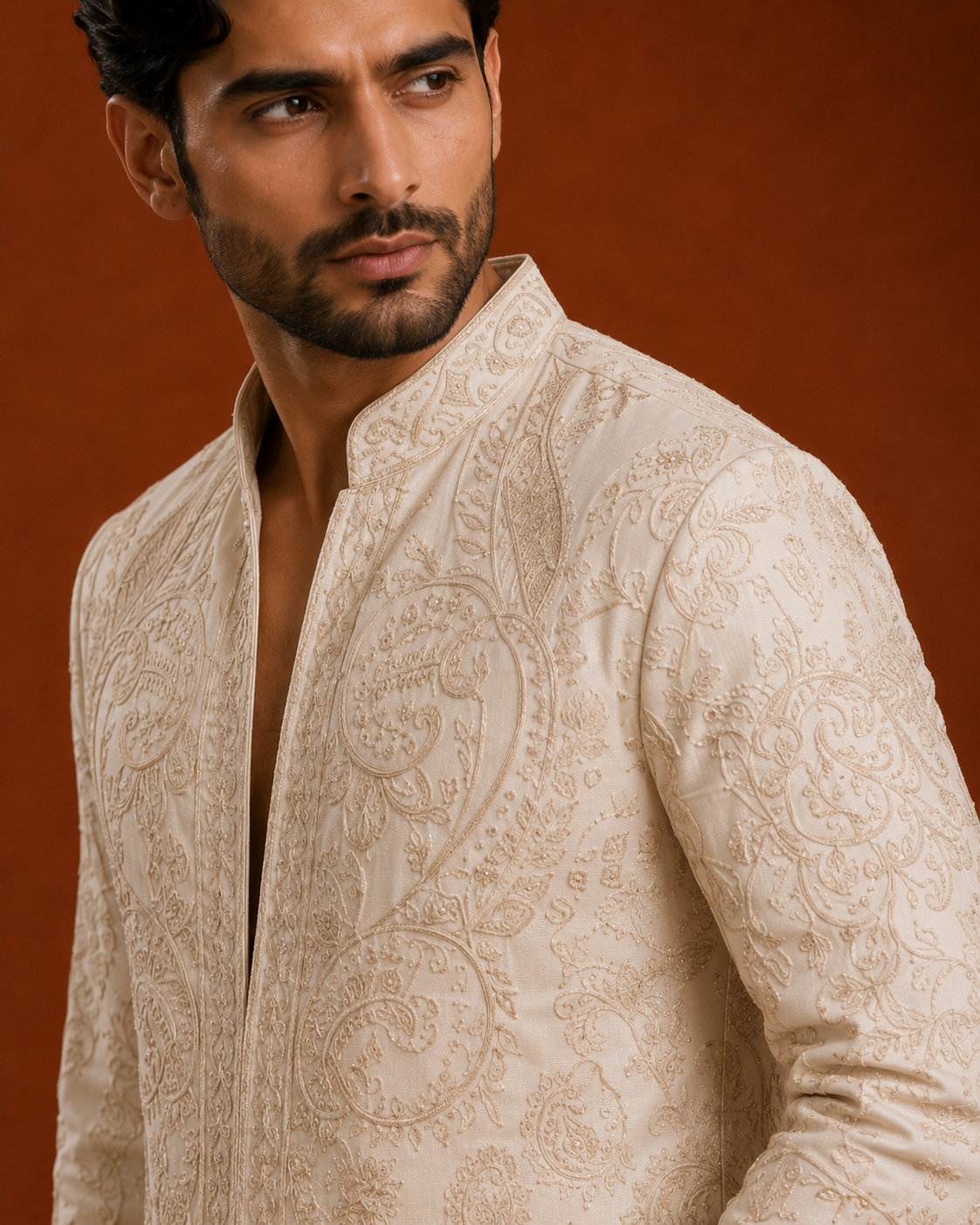 Men’s Ivory Embroidered Sherwani | Premium Wedding & Festive Ethnic Wear