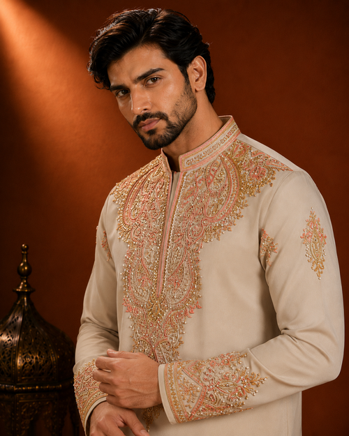 Beige Multi-Tonal Embroidered Kurta for Men | Groom & Wedding Festive Wear