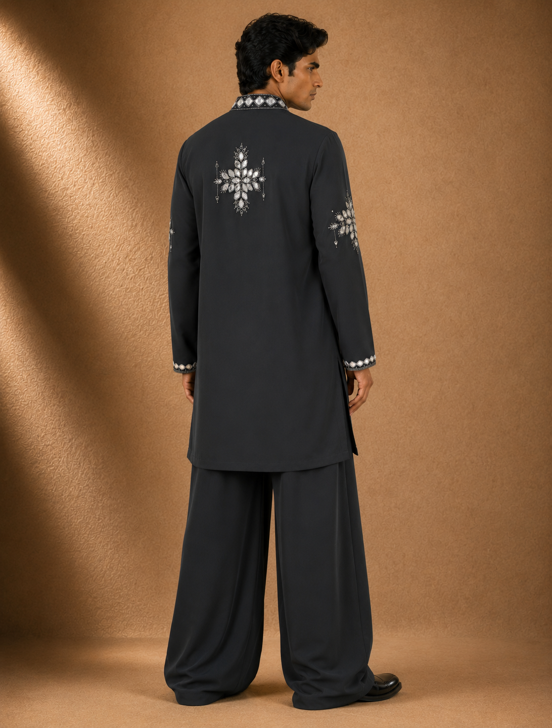 Men's Charcoal Grey Mirror Embroidered Kurta | Premium Ethnic Wear for Festive & Wedding Occasions