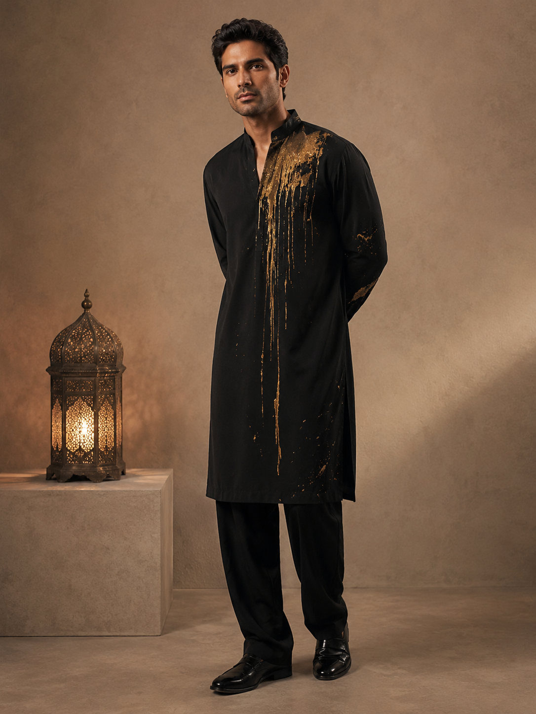 Black Metallic Gold Splash Embroidered Kurta for Men | Contemporary Festive & Party Wear