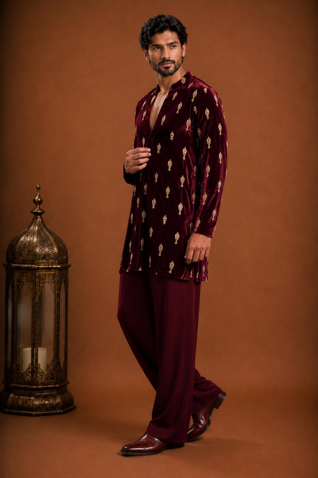Luxury Maroon Velvet Kurta Pajama Set for Men with Gold Embroidery Festive Wedding Wear