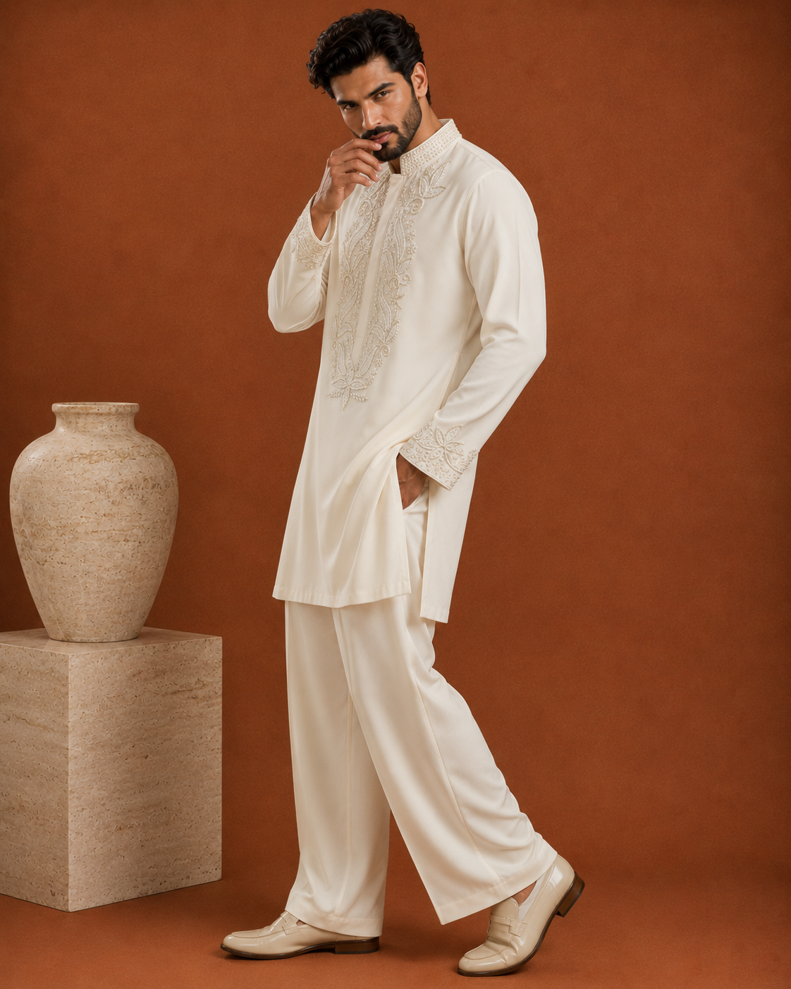 Ivory Embroidered Silk Kurta for Men | Festive & Wedding Wear