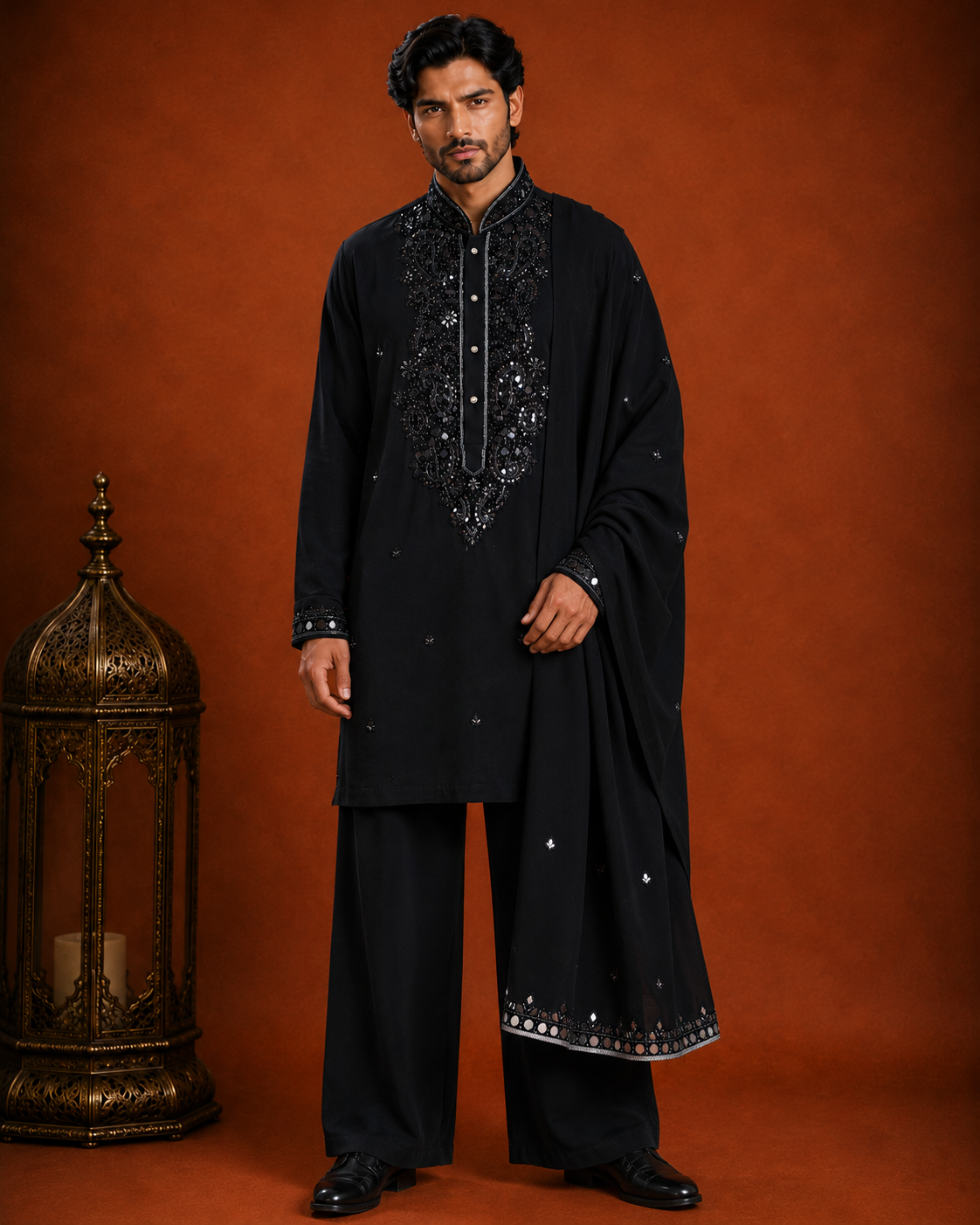 Men’s Black Embroidered Kurta with Dupatta | Premium Wedding & Festive Ethnic Wear