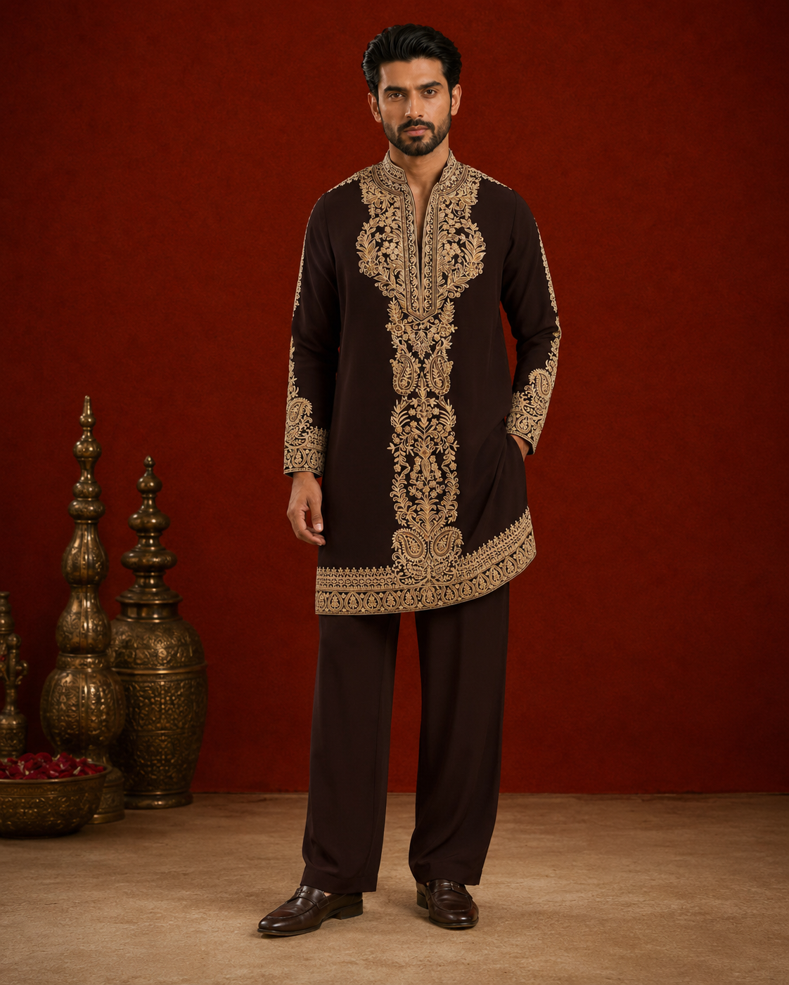 Chocolate Brown Gold Embroidered Kurta for Men | Festive & Wedding Wear