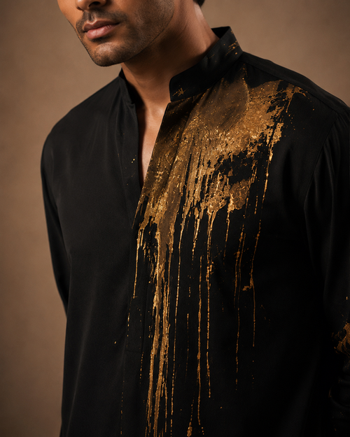 Black Metallic Gold Splash Embroidered Kurta for Men | Contemporary Festive & Party Wear