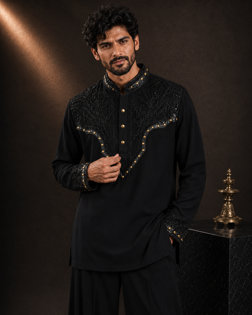 Black Tonal Embroidered Short Kurta with Gold Accent Detail for Men | Party & Festive Wear