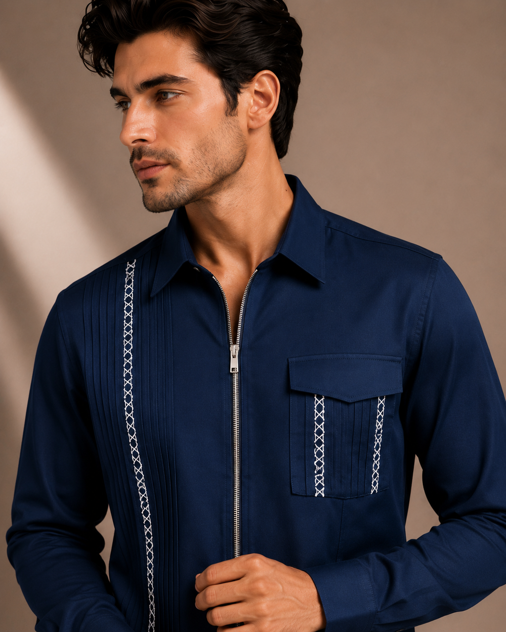 Zip Front Embroidered Premium Navy Blue Shirt