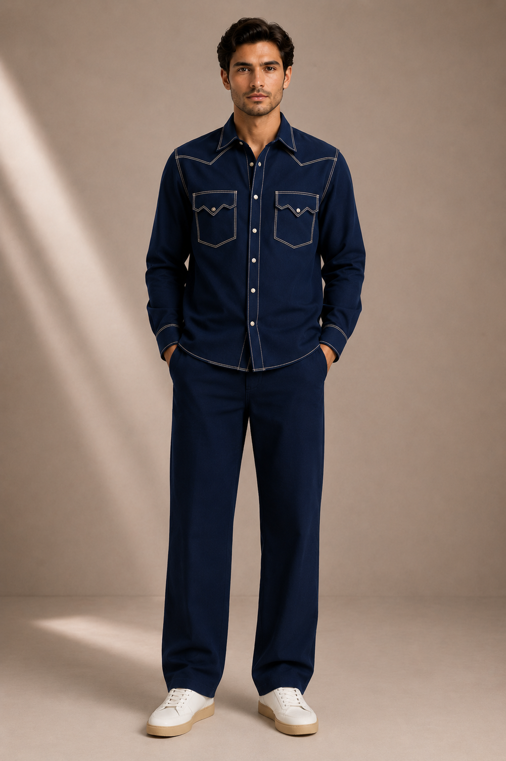 Men's Premium Navy Blue Contrast Stitch Casual Shirt | Regular Fit Full Sleeve Shirt