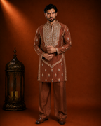 Rust Brown Heavy Mirror Work Embroidered Silk Kurta for Men | Festive & Wedding Wear