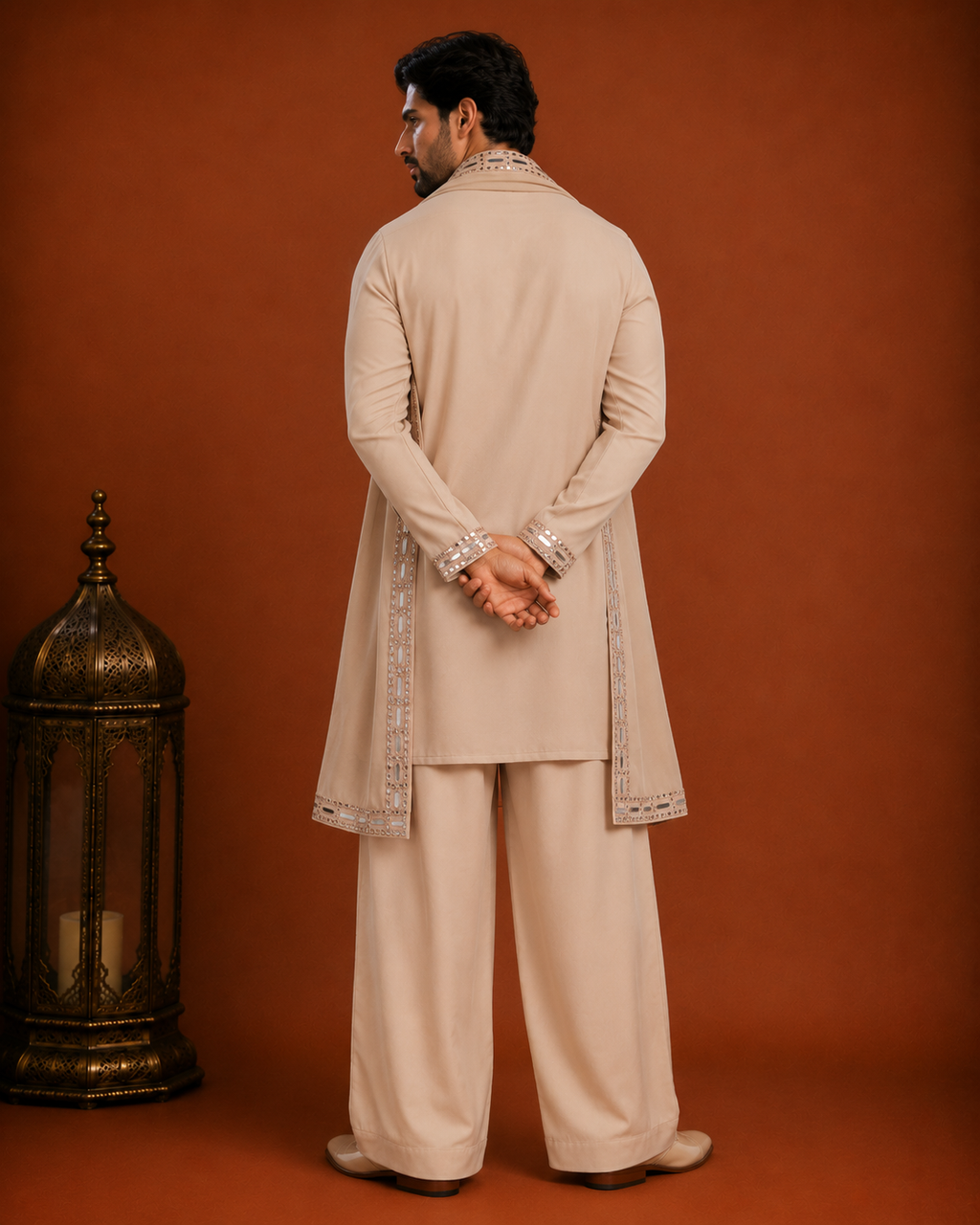 Men’s Beige Embroidered Kurta with Long Jacket | Premium Ethnic Wedding Wear