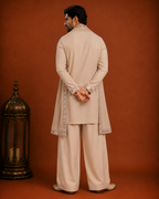Men’s Beige Embroidered Kurta with Long Jacket | Premium Ethnic Wedding Wear