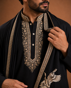 Black Embroidered Kurta with Printed Stole | Men’s Ethnic Wear