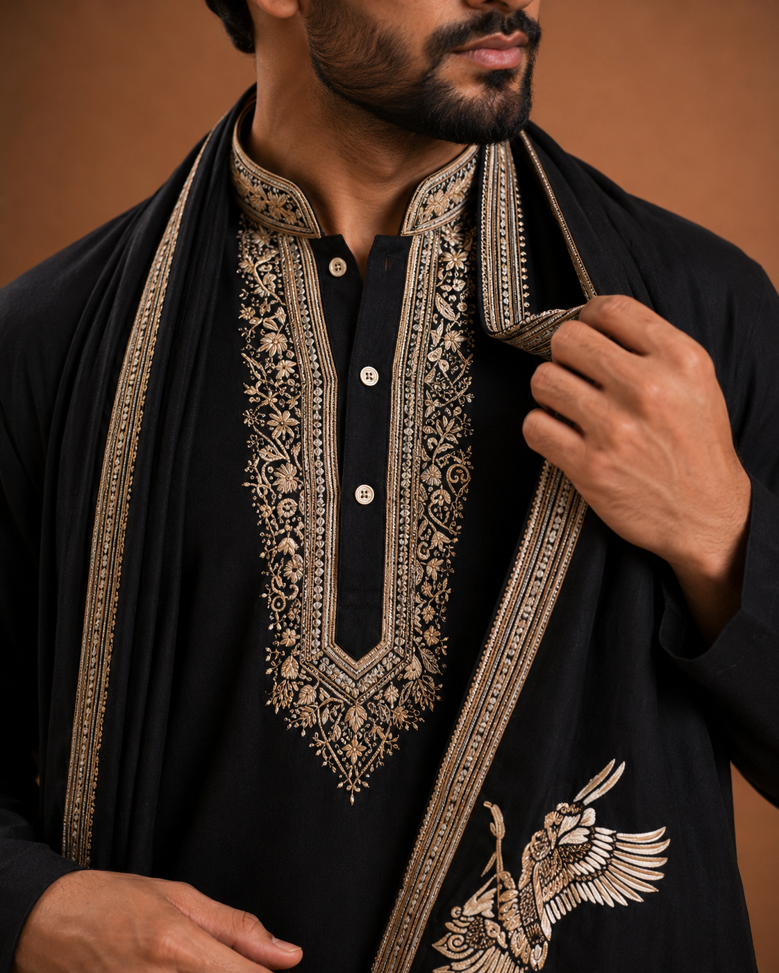 Black Embroidered Kurta with Printed Stole | Men’s Ethnic Wear