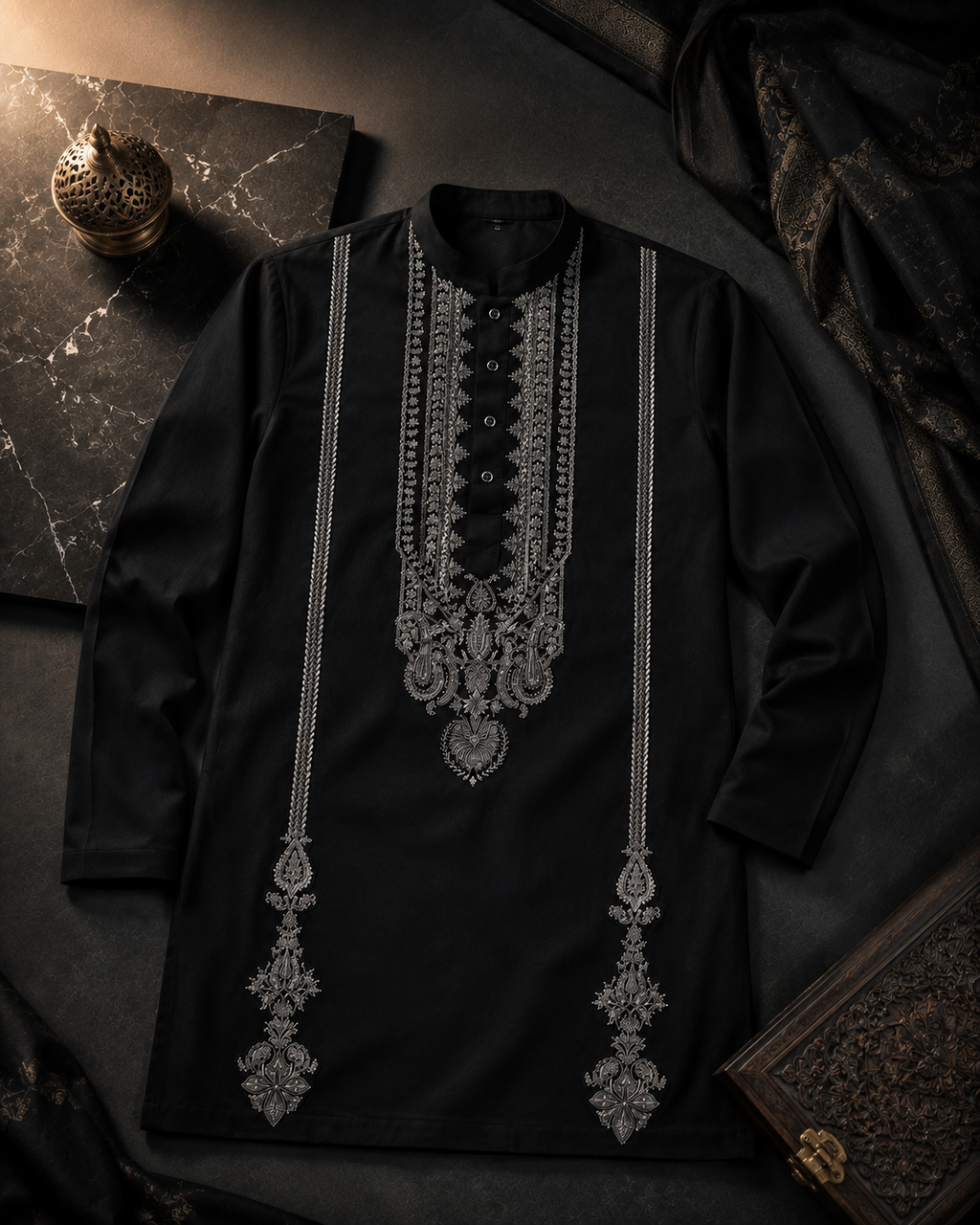Black Embroidered Buttoned Kurta for Men | Festive & Wedding Wear