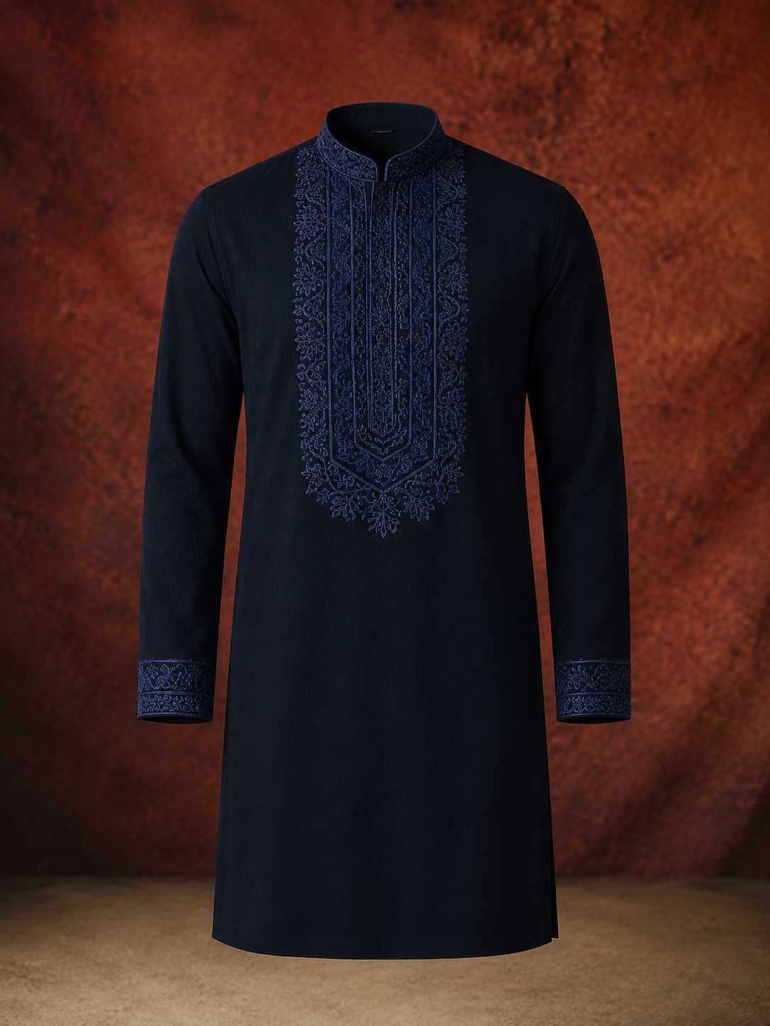 Midnight Navy Blue Tonal Embroidered Kurta for Men | Festive & Wedding Party Wear