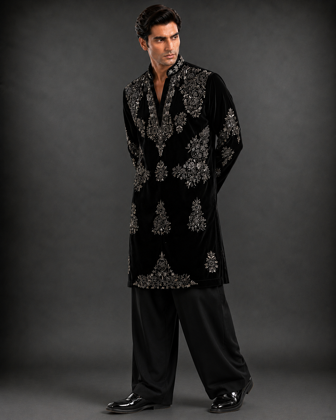 Men's Black Velvet Embroidered Designer Kurta | Premium Festive & Wedding Wear Kurta for Men