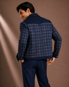 Men's Premium Navy Blue Checked Bomber Jacket | Regular Fit Zip-Up Casual Jacket