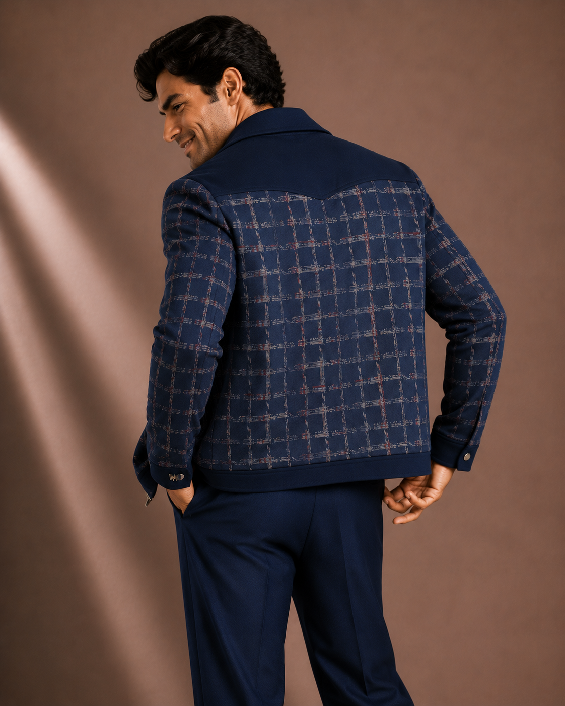 Men's Premium Navy Blue Checked Bomber Jacket | Regular Fit Zip-Up Casual Jacket