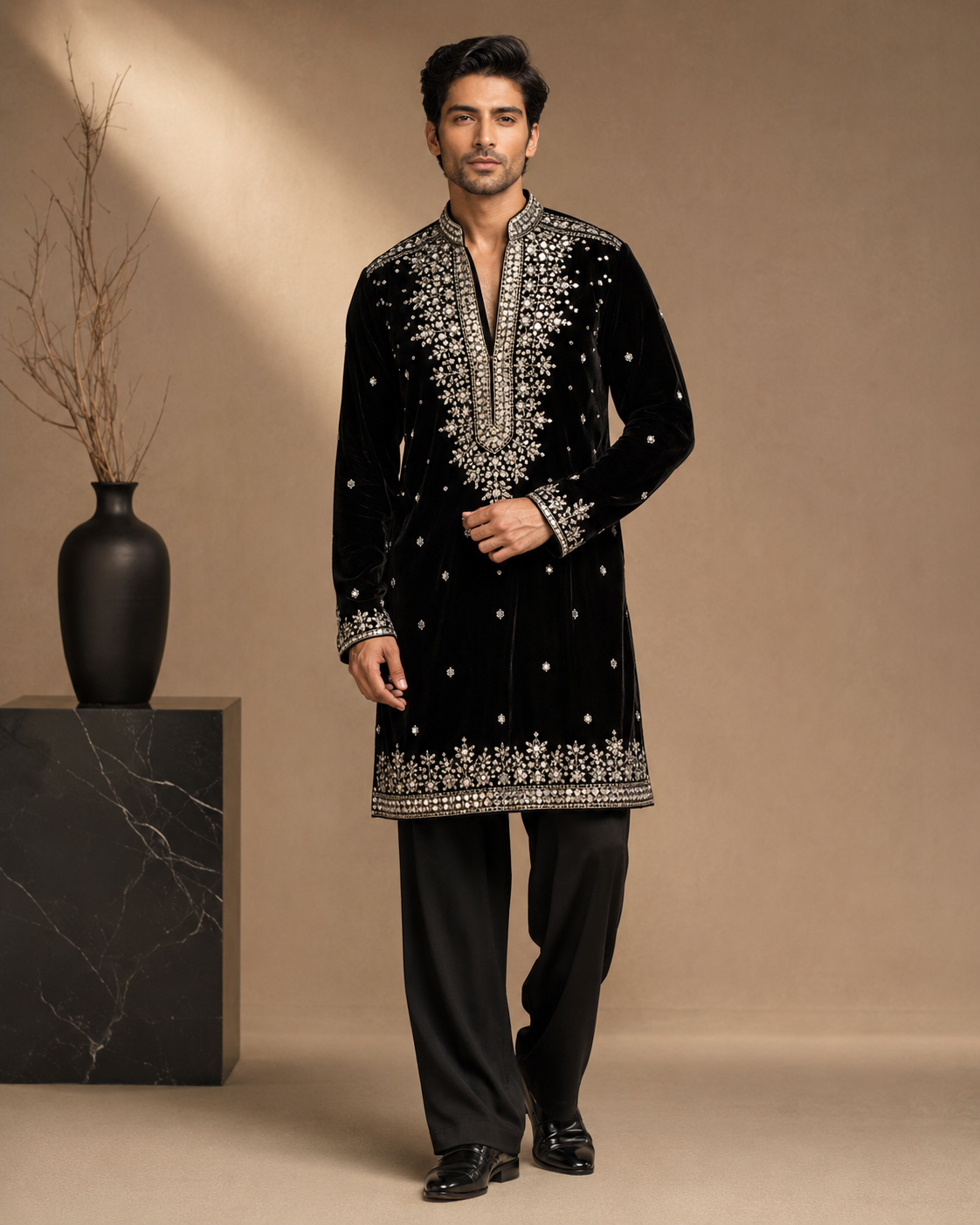 Black Velvet Mirror & Thread Embroidered Kurta for Men | Festive & Wedding Party Wear