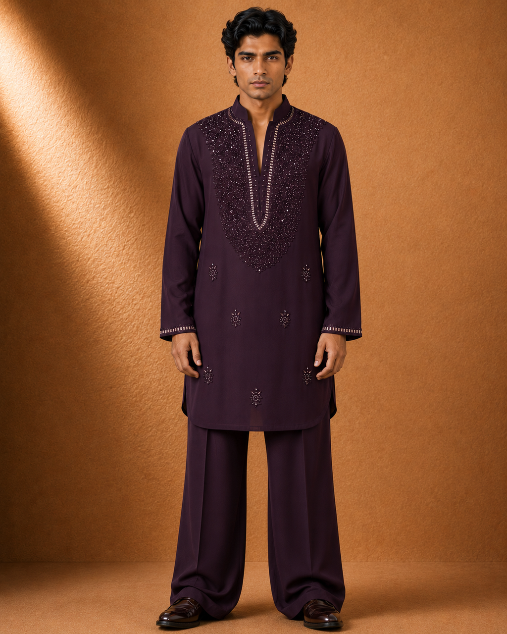 Men's Wine Embellished Kurta | Premium Ethnic Wear for Festive & Wedding Occasions