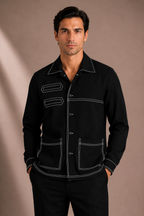 Men's Black Contrast Stitch Utility Overshirt | Premium Full Sleeve Button-Down Casual Shirt Jacket