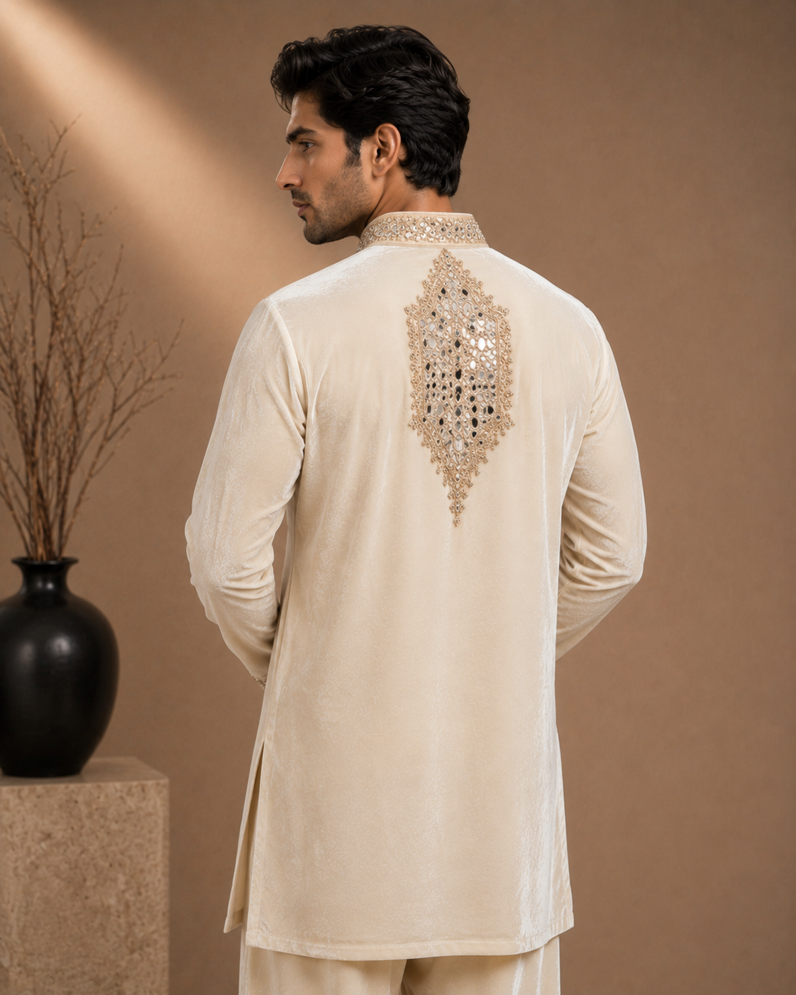Ivory Velvet Heavy Mirror & Thread Embroidered Kurta for Men | Groom & Wedding Festive Wear