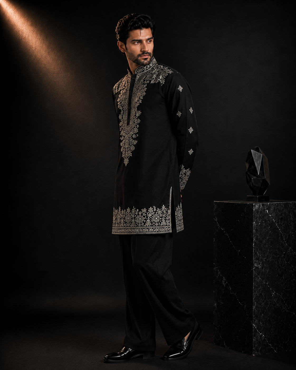 Black Silver-Thread Embroidered Kurta for Men | Festive & Wedding Party Wear