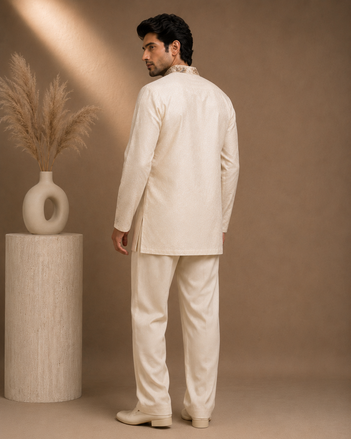 Cream Abstract Art Embroidered Short Kurta for Men | Modern Festive & Cocktail Wear