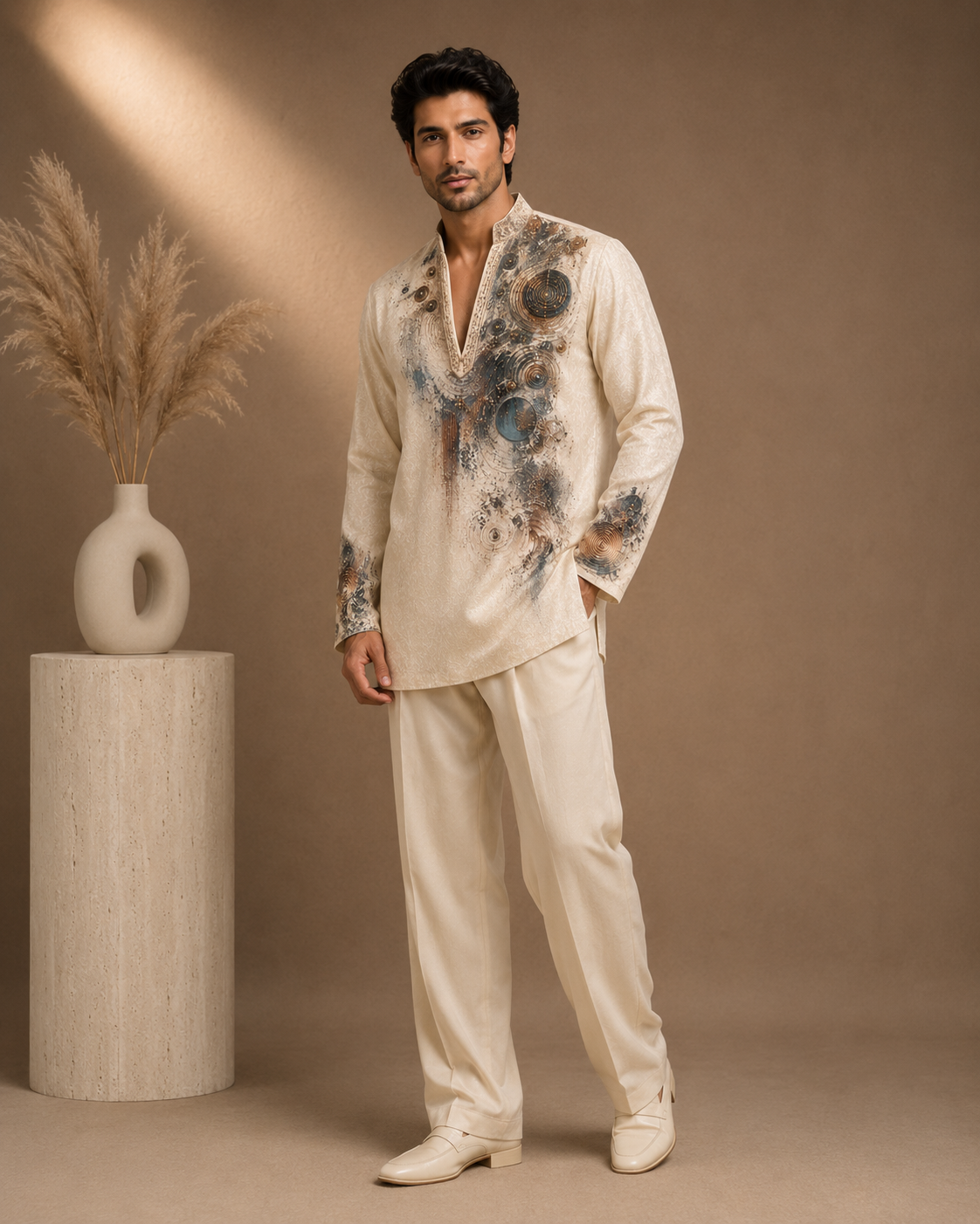 Cream Abstract Art Embroidered Short Kurta for Men | Modern Festive & Cocktail Wear