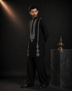 Black Embroidered Buttoned Kurta for Men | Festive & Wedding Wear