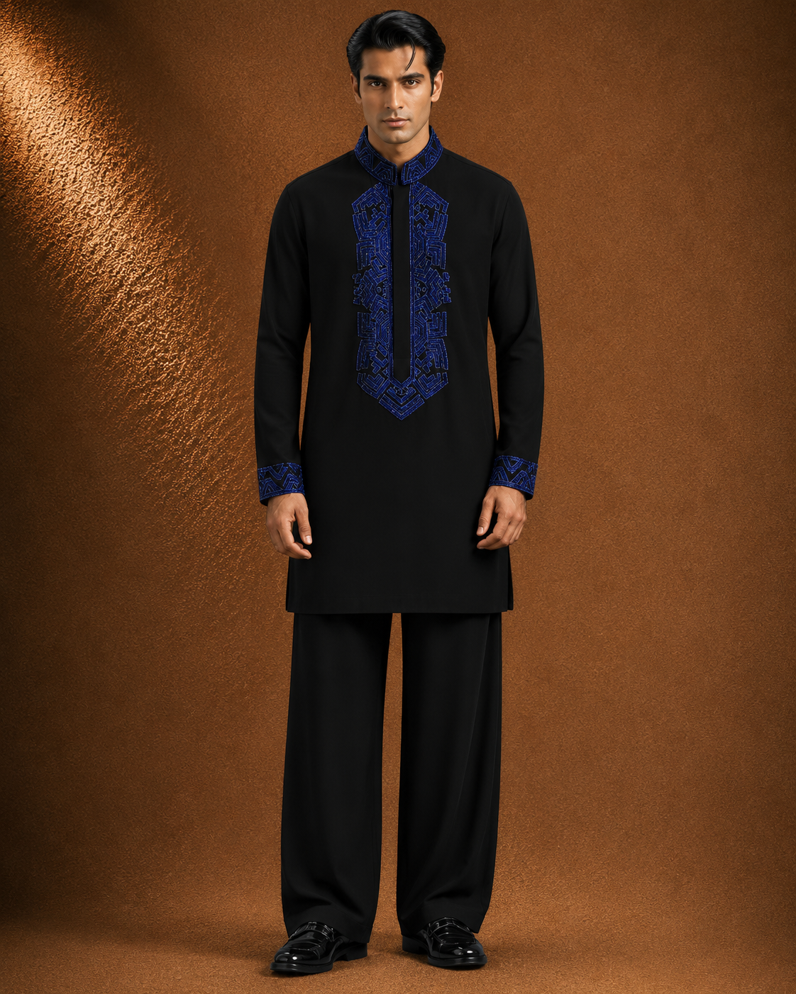 Men's Black Designer Embroidered Kurta | Blue Embroidered Premium Festive Ethnic Wear